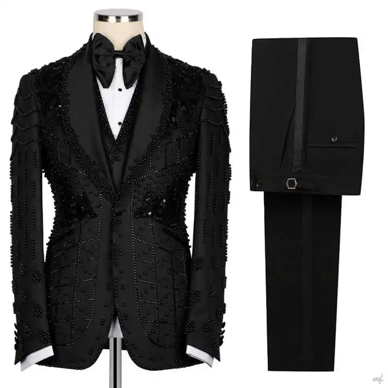 Luxurious Man Tuxedos Appliques Beaded Single Breasted Wedding Suit Shawl Lapel 2 Piece Jacket Pants Evening Groom  Customized