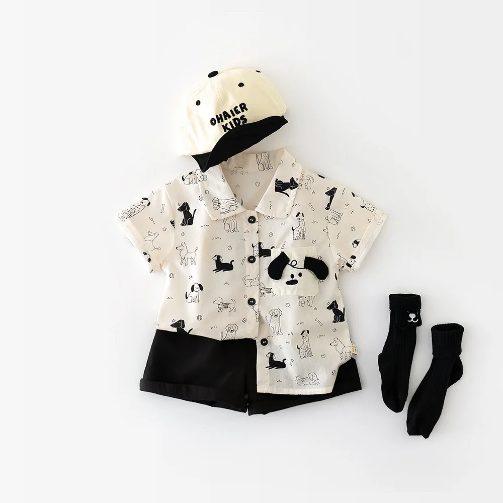 

2025 New Summer Children Cute Baby Girls Toddler Boys Full Printed Cartoon Puppy Short Sleeved Shirt Shorts Two Pieces Set