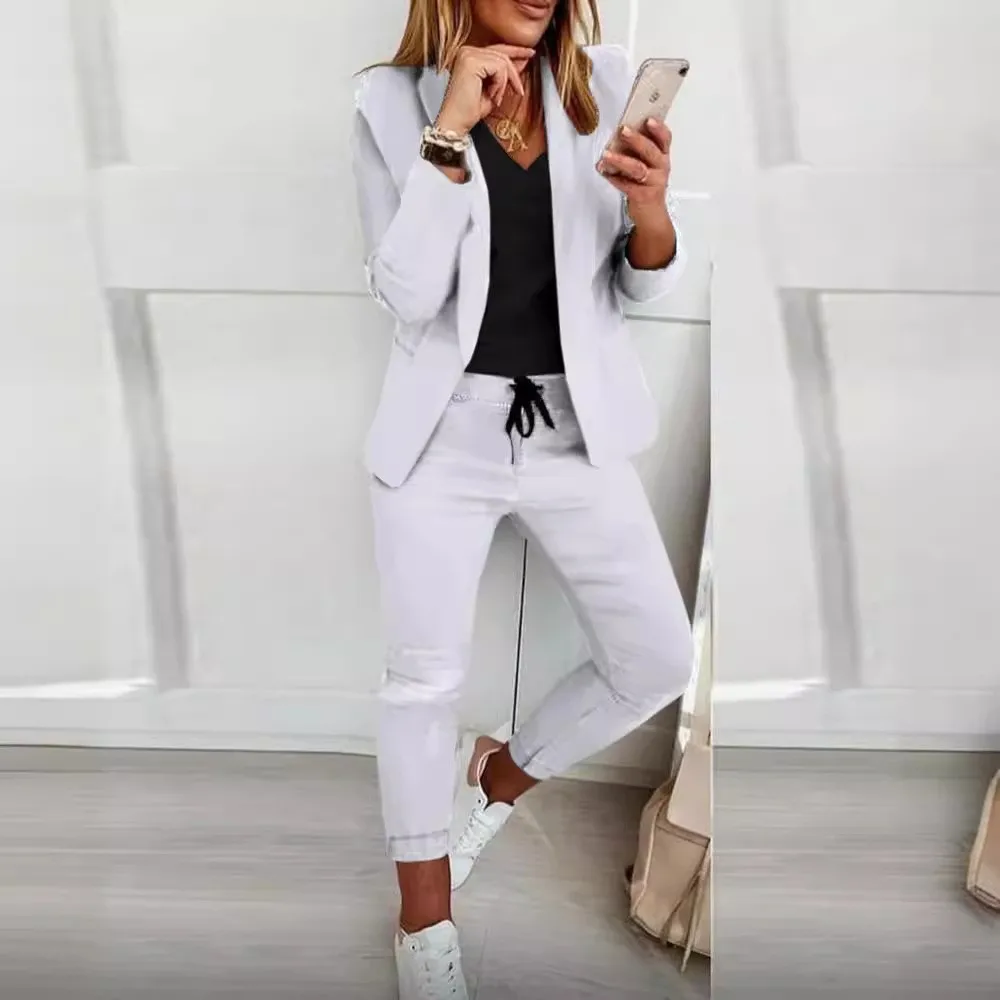 Patchwork Set Casual Full Length Japanese Korean Casual with Cardigan Full Length Pants Spring Autumn Long Sleeve Women Suit
