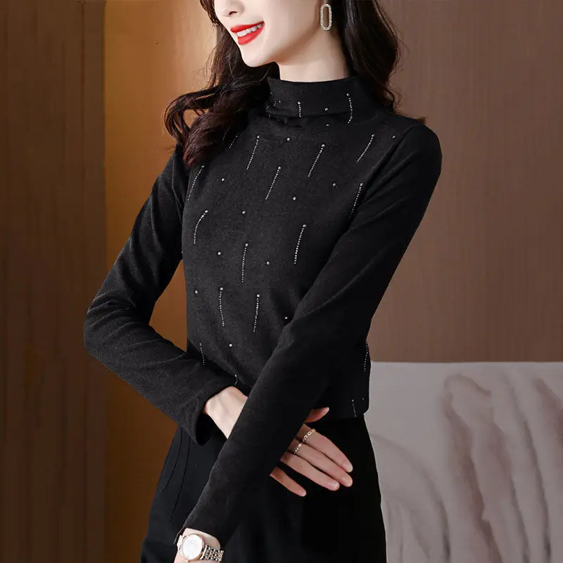Korean Temperament Bottoming Diamonds Skinny Casual Solid Office Lady Women's Clothing Thick Autumn Winter Pullovers Keep Warm