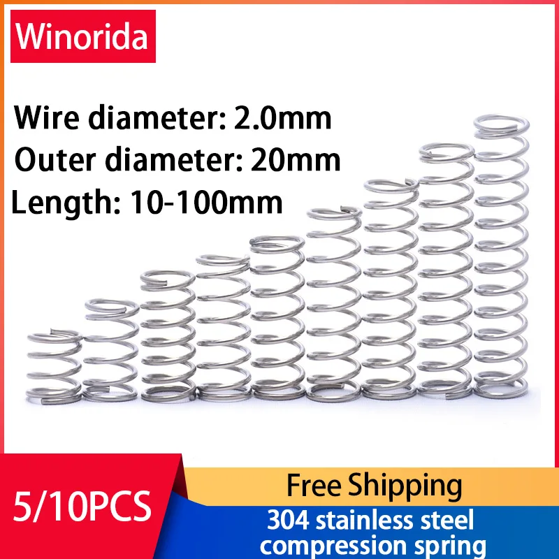 

304 Stainless Steel Compression Spring Return Spring Steel Wire Diameter 2.0mm Outside Diameter 20mm Pressure Spring 5/10 Pcs