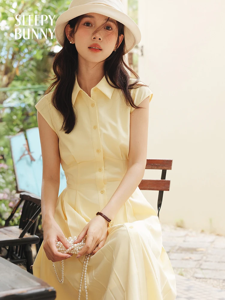 

Yellow Shirt Dress Women Summer French Style Cap Sleeve A-Line Long Dress Lightweight Slim Fit Collared Midi Dress Elegant Look