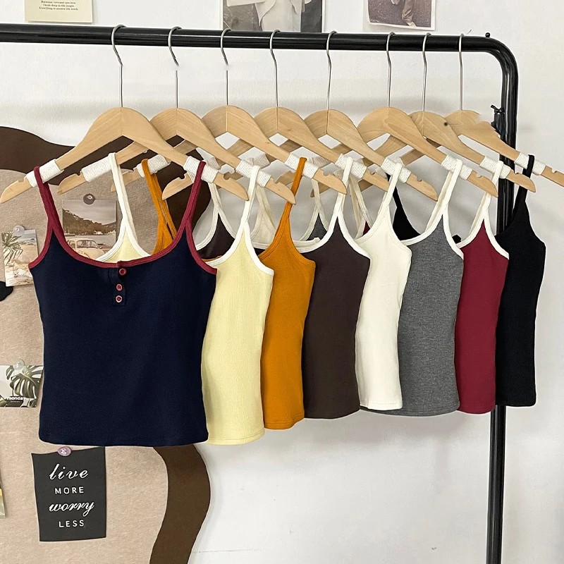 

Casual Tank Top With Chest Pad Contrast Color Halter Crop Tops Women U-neck Buttons Sleeveless Slim Vest Y2K Sexy Vest