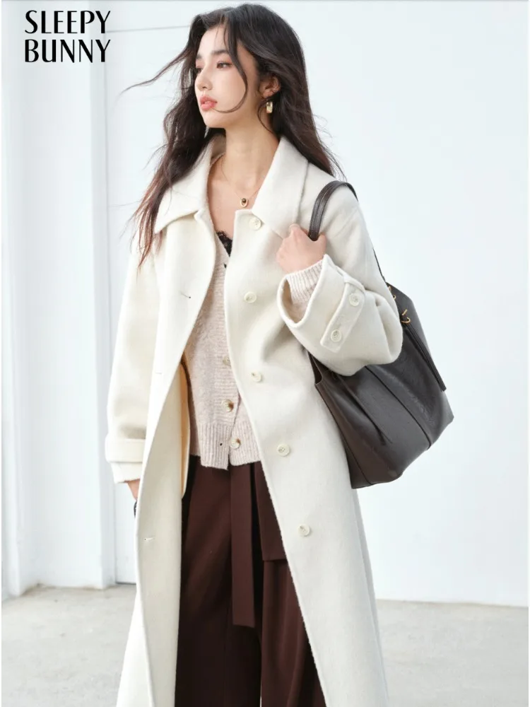 Wool Blend Long Coat for Women Elegant Belted Double-Face Wool Overcoat Lapel Collar Winter Outerwear Warm Tailored Wrap Design
