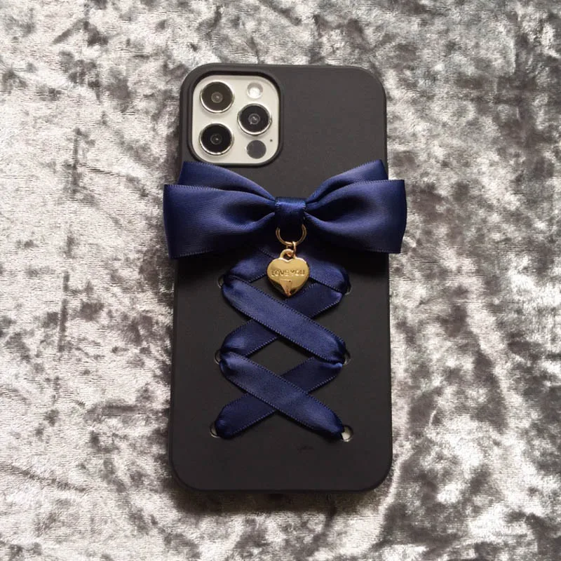 Harajuku Y2k Lolita Girl 3D Ribbon Bowknot Phone Case For iPhone 16 15 Pro Max X XS XR Galaxy Black Glossy Soft Cover