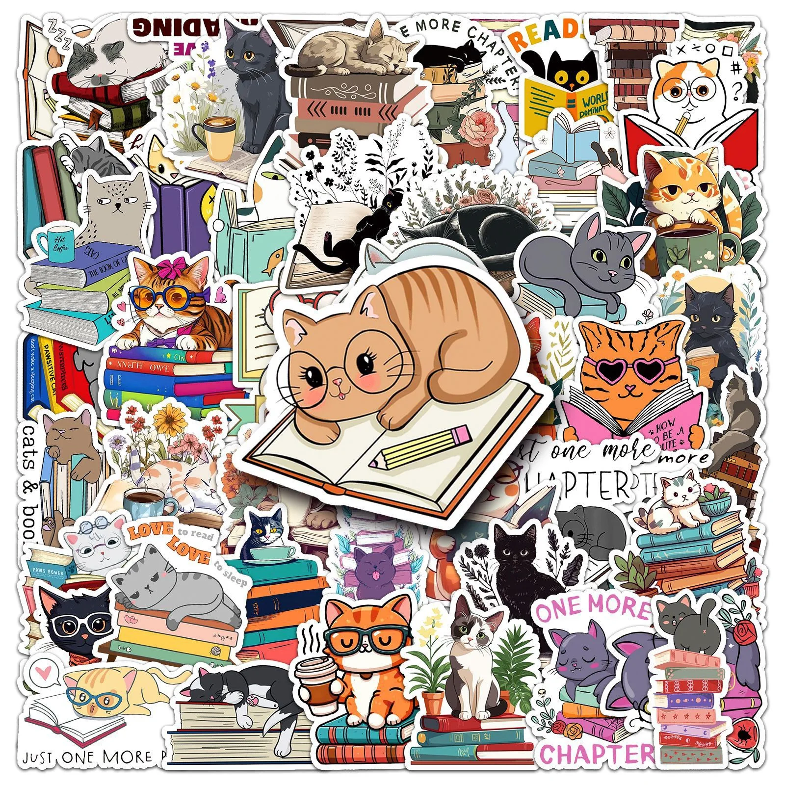 10/50Pcs Cute Funny Cat Reading Books Graffiti Stickers Aesthetic DIY Scrapbook Fridge Luggage Laptop Phone Guitar Sticker Toy