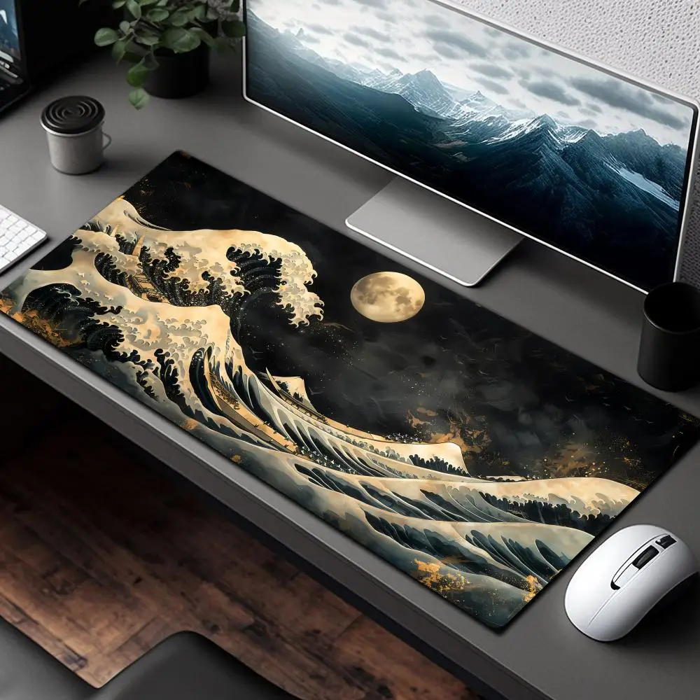 Большой коврик для мыши с изображением полной луны и волновой формы, настольный коврик, игровой коврик, нескользящий коврик для клавиатуры с прошитыми краями, коврик для мыши, офисный коврик, муismat