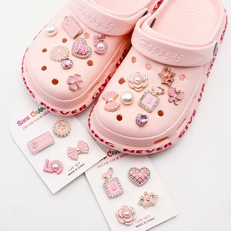 Metal Pearl Shoe Charms Butterfly Floral Rhinestone Chain Decorations Removable DIY Ornaments for Clog Sandals Hole Shoes Girls