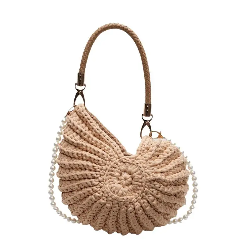 Muschelschalen-Strick-Häkel-Umhängetasche, Perlenketten-Handgewebte Damen-Schultertasche, Elegante Zarte Niedliche Kompakte Handtasche – Detail 7