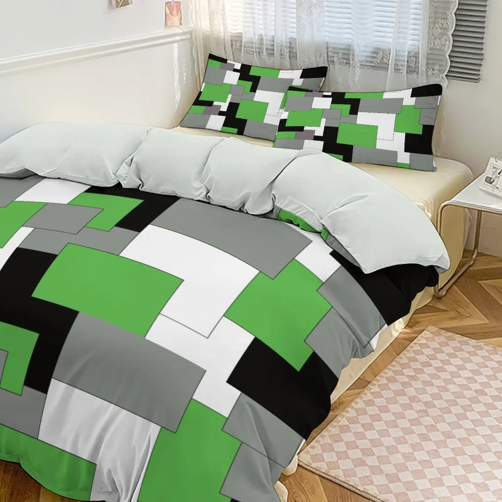 

Pixel Art Green Geometric Bedding Set Modern & Retro Duvet Cover + 2 Pillowcases (No Pillows)