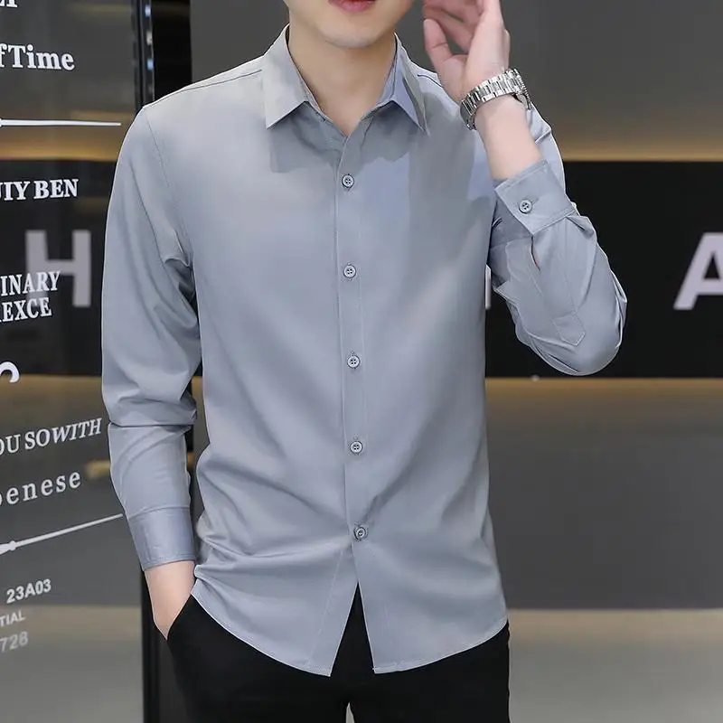 

Men's Slim Fit Long Sve Ice Silk irt Busin Casual Breathable Qui Dry Base Layer Top ay Pure Color Summer irt