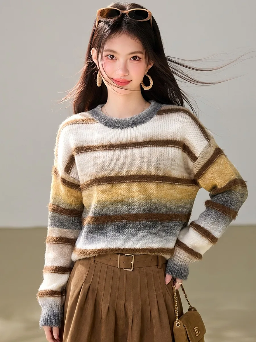Retro Gradient Stripe round Neck Knitted Sweater Women's Lazy Style Thickened Loose Long Sleeve Overhead Knitwear Top