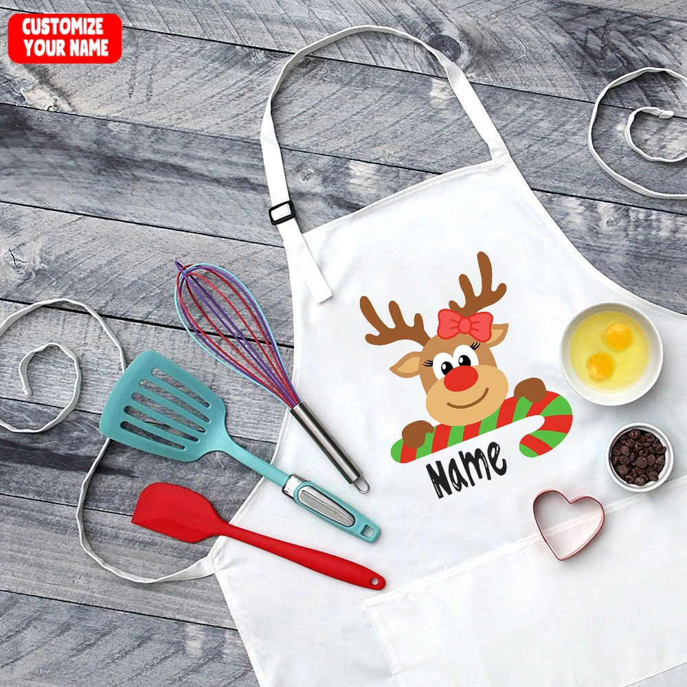 Personalised Christmas Deer Apron Holiday Baking Apron for Children Personalized Gift for Kids Childrens Custom Xmas Apron