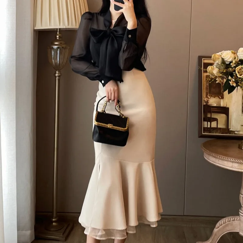 Woman Outfit Long Sleeve Mermaid Skirt Office 2 Pieces Sets for Women Midi Elegant Casual Summer Fashion 2024 New Matching Chic