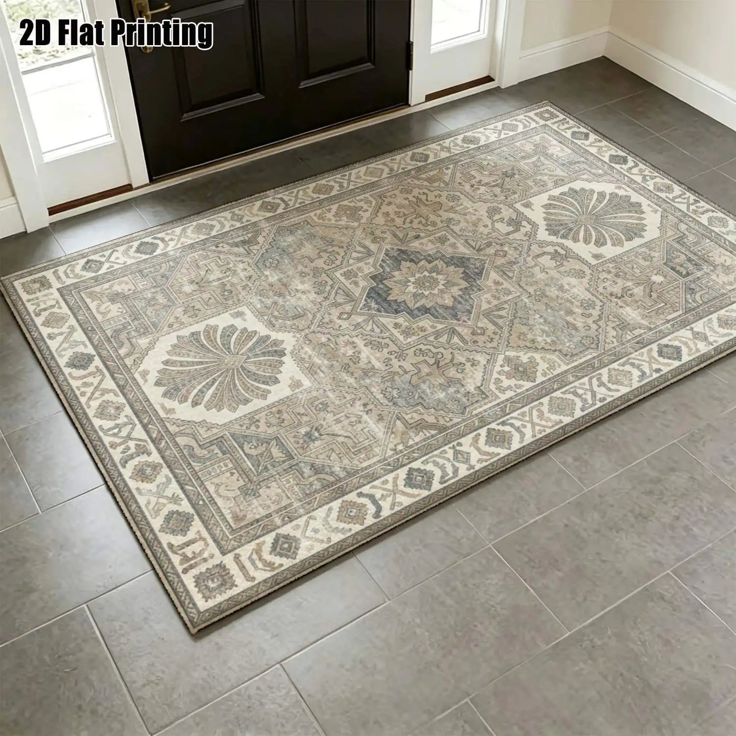 1Pc 2D Printed Beige-Blue Retro Floral Geometric Carpet, European Boho Style, Machine Washable, Multi-Size, for Home Decor, Entrance/Dining/Bedroom/Living Room