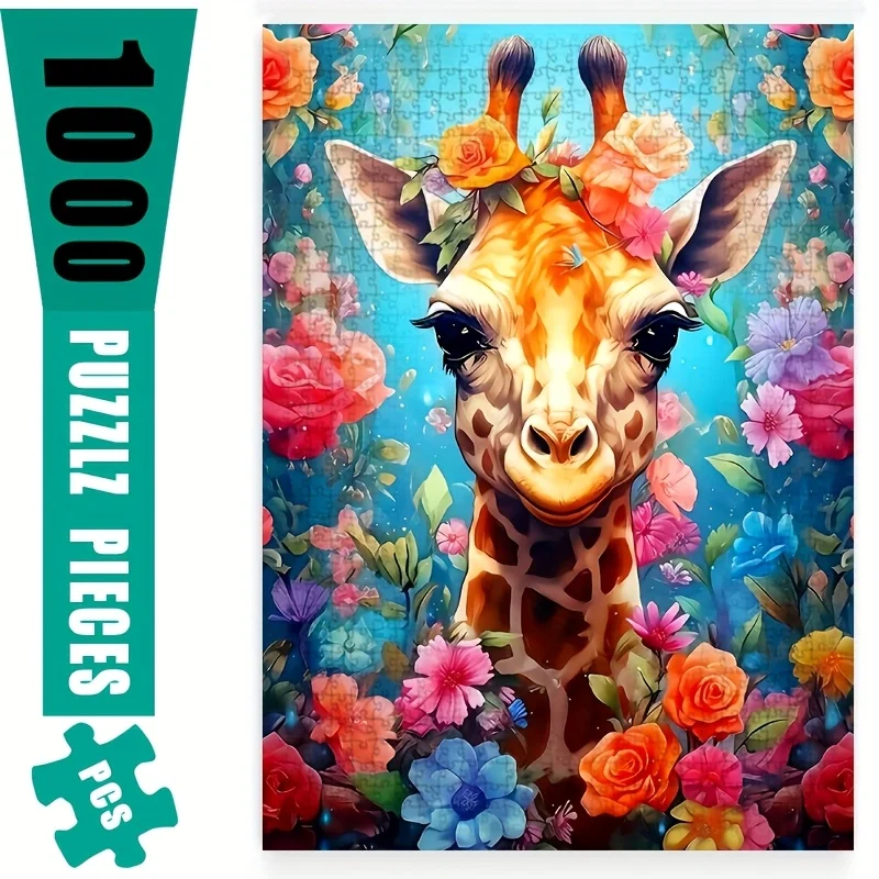 1000-teiliges Giraffen- und Blumenpuzzle für Erwachsene – lebendige Wildtierszene mit weißem rechteckigem Rand, familienfreundliches Kreisel