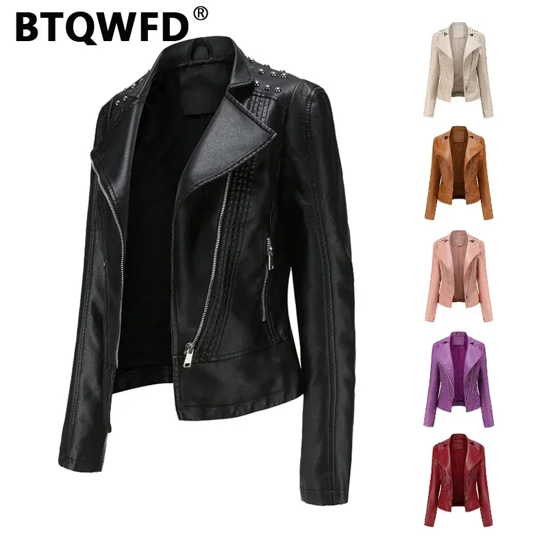 BTQWFD Female Clothing PU Leather Motorcycle Rivet Jackets Autumn Winter Coats Women Outwear Long Sleeve Fashion 2024 New Tops