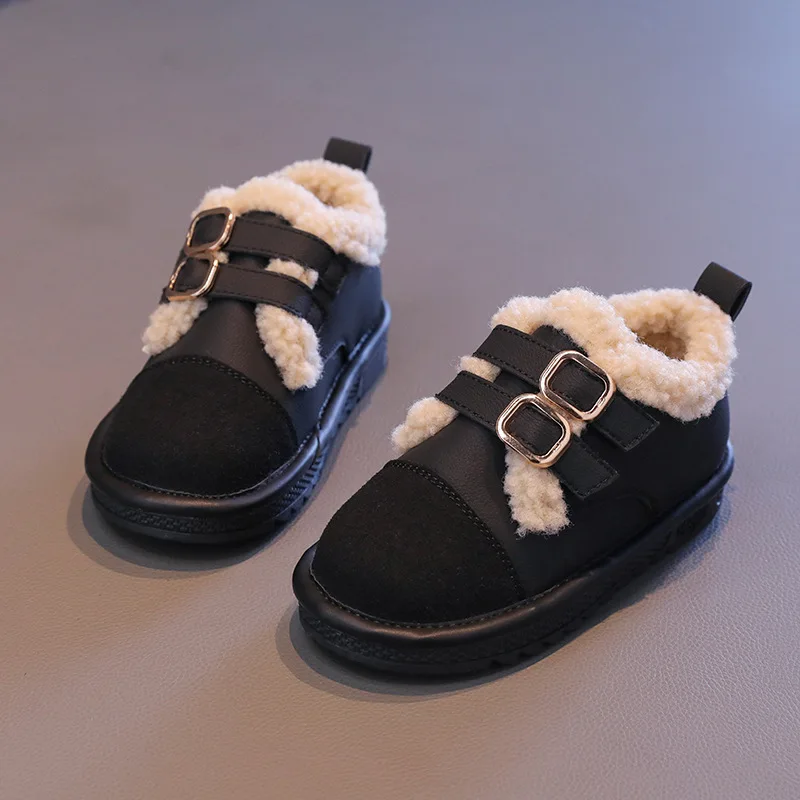 

New Fashion Girls Flats Shoes Winter Plush PU Loafers Korean Style Warm Versatile Children Cotton Shoes Furry Kids Causal Shoes