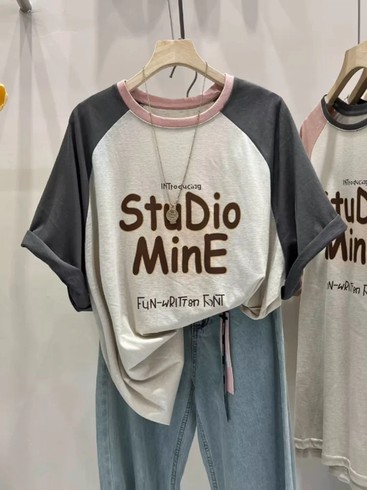 

Ретро-корейская женская футболка с коротким рукавом, свободного кроя, из хлопка, с принтом, с вставками на плечах, круглым вырезом, для лета, для похудения...