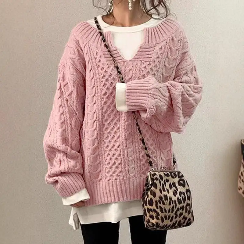 

Осень-зима, новый вязаный свободный свитер V-Ne Twist, однотонный женский топ с верхом, удобный длинный свек для поездок на работу