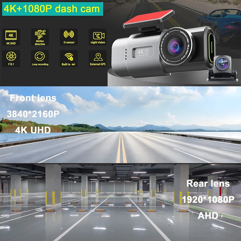 Dual Lens Dash Cam 4K 2160P WiFi Car DVR Dash Cam Camera GPS Parking Monitor APP Control Car Driving Video Recorder For All Cars