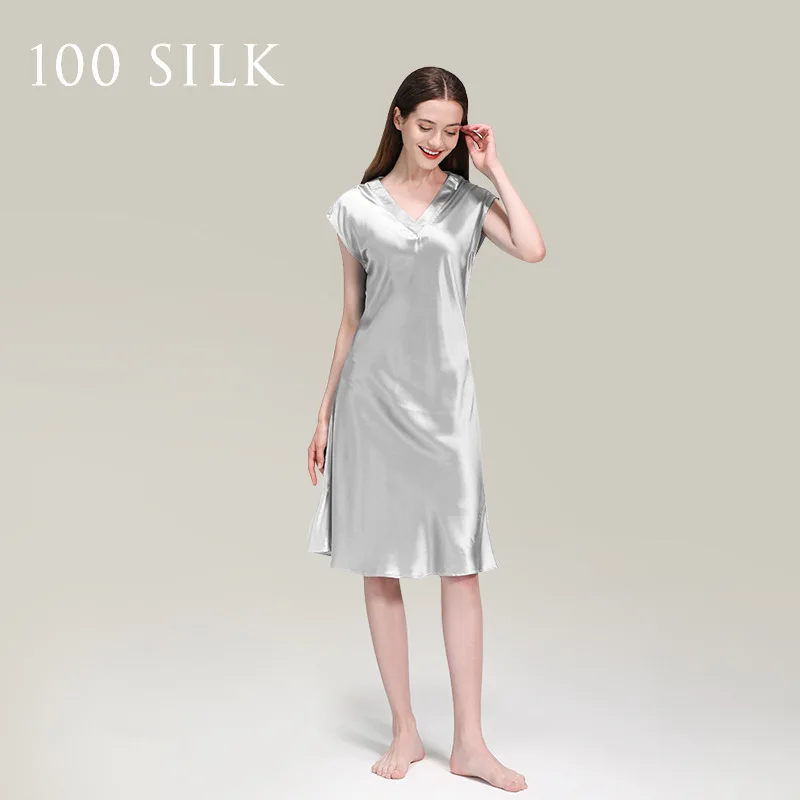 Women's Summer 2025 V Neck Silk Nightgown Soft Lightweight 100% Silkworm Silk Loungewear Comfortable Cozy Soft Women‘s L Size