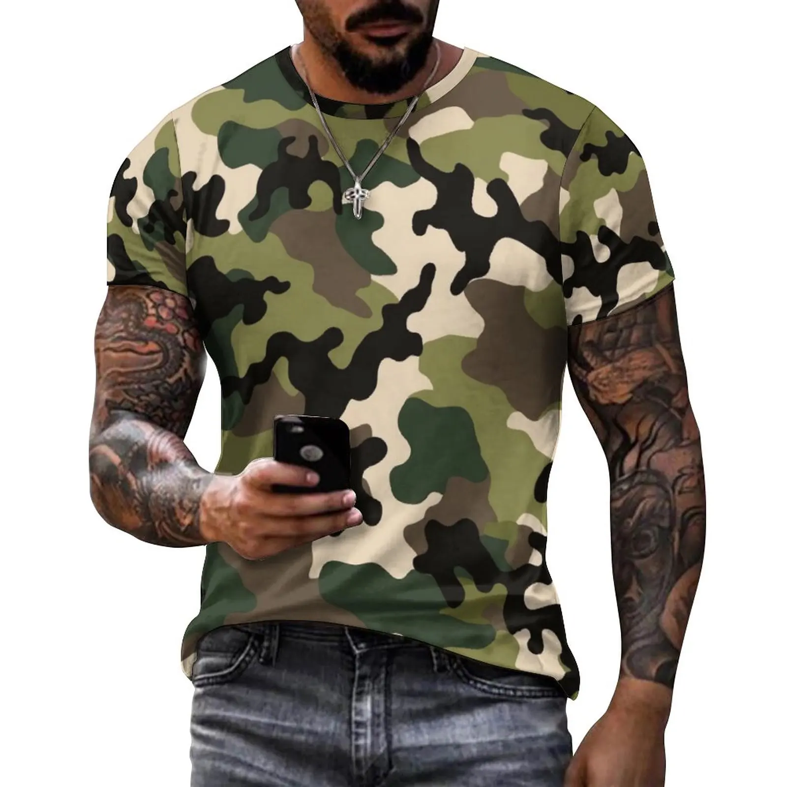 Military-Inspired 3D T-shirt with Green, Black, and Brown Camo Print