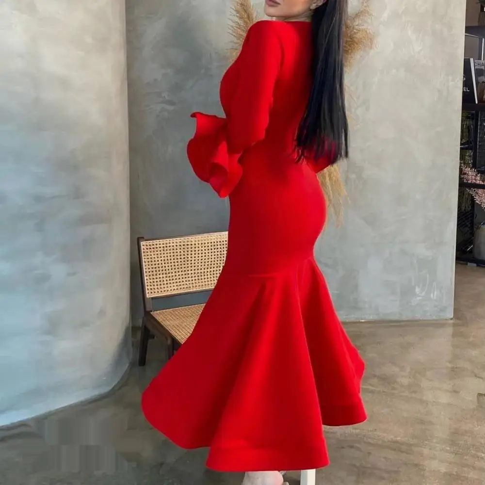 V Neckline Prom Dress Long Sleeves Evening Gown With Ankle Length Women Wedding Party Dress2024