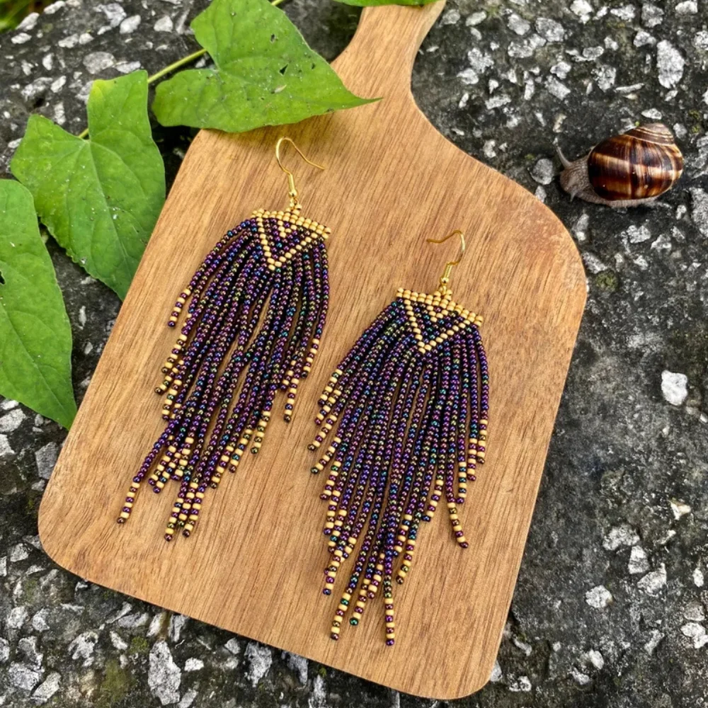 Beaded earrings Tassel Retro Bohemia Geometry Original Hand-woven Alloy female Triangle Trend Simple Rice bead earrings