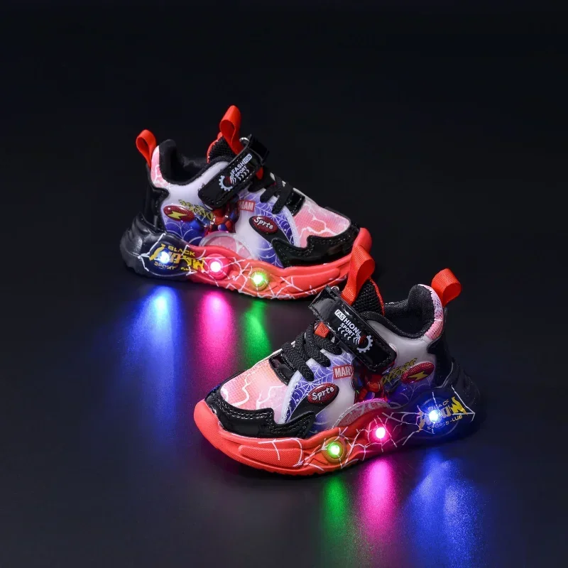 Disney Boys Casual Shoes Led Lights Breathable Children\'s Sports Fashion Cartoon Spiderman Shoes Sneakers Size 21-30