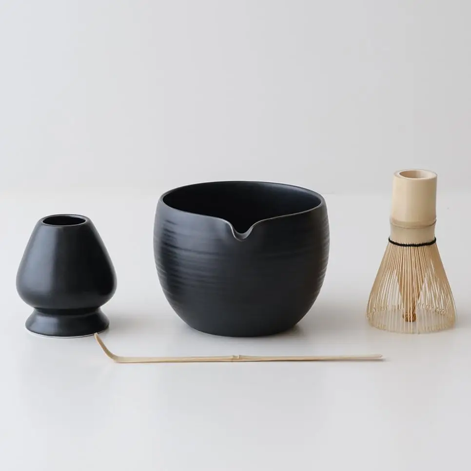 

Набор венчиков для матча, керамическая чаша для матча и держатель для венчика, бамбуковый аксессуар, современный дизайн (матовый черный, заливной носик)