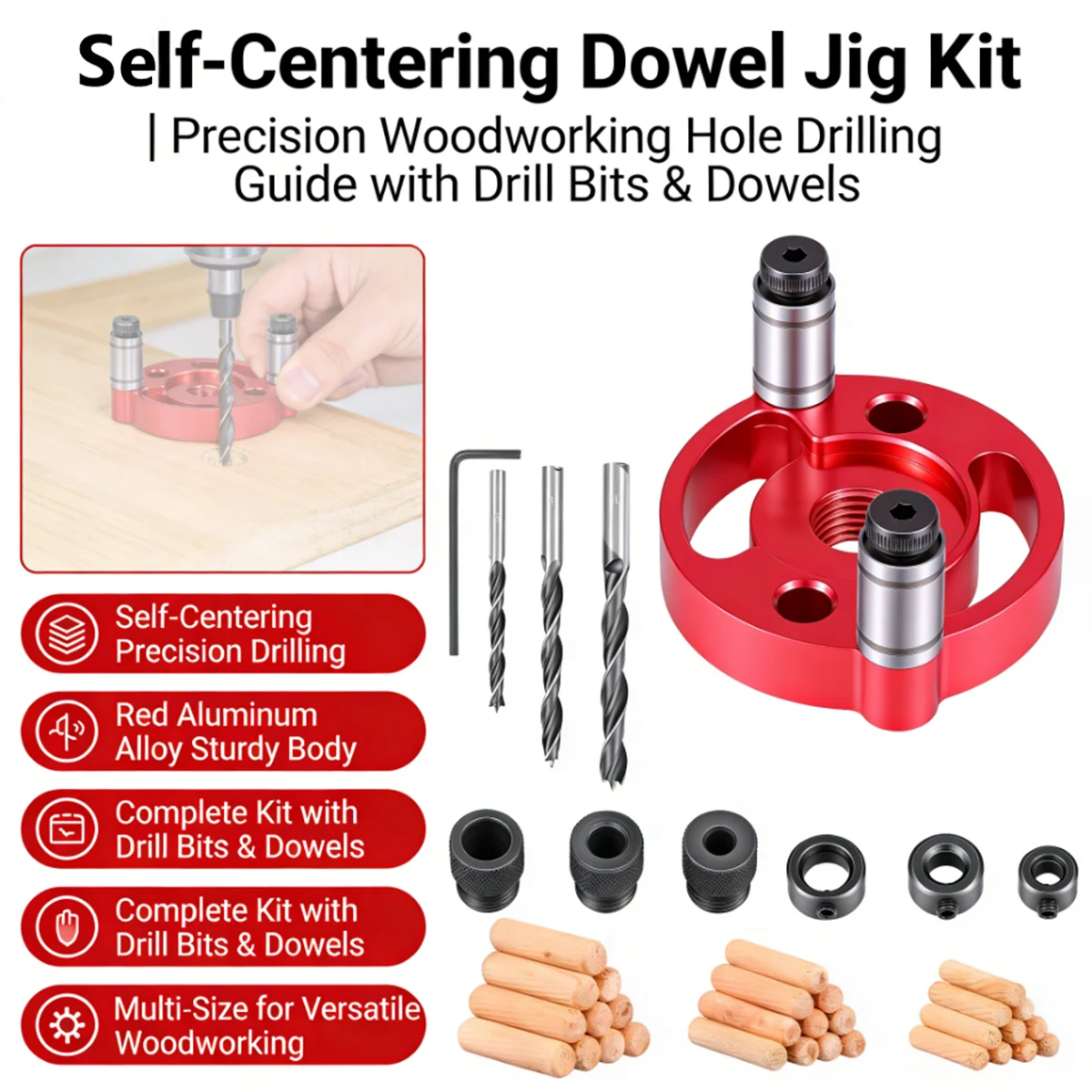 

Aluminum Alloy Self Center Dowel Jig Handheld Drill Guide for Straight Holes Panel Hole Puncher Locator Woodworking Joints Tool