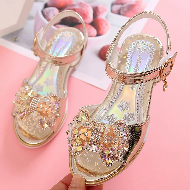 

Girls' sandals 2024 summer new girls students show shoes rhinestone bow Children's Princess Shoes SO149