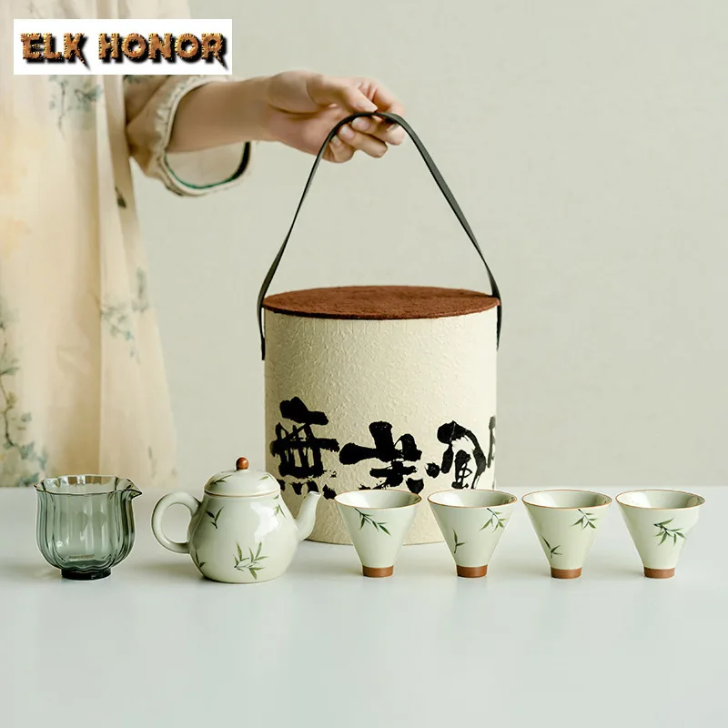 

Hand-painted Bamboo Pear-shaped Pot Set Zen Ceramic Teaware Set Elegant Tea Ceremony Set Teapot And Tea Cup Set Cafes Collection