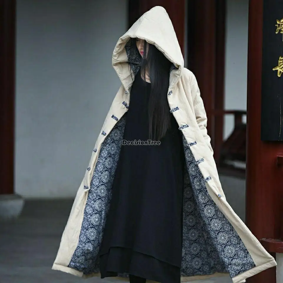 2023 chinese style cotton-padded women winter long cotton cheongsam button hooded robe thick warm retro long cloak coat s935