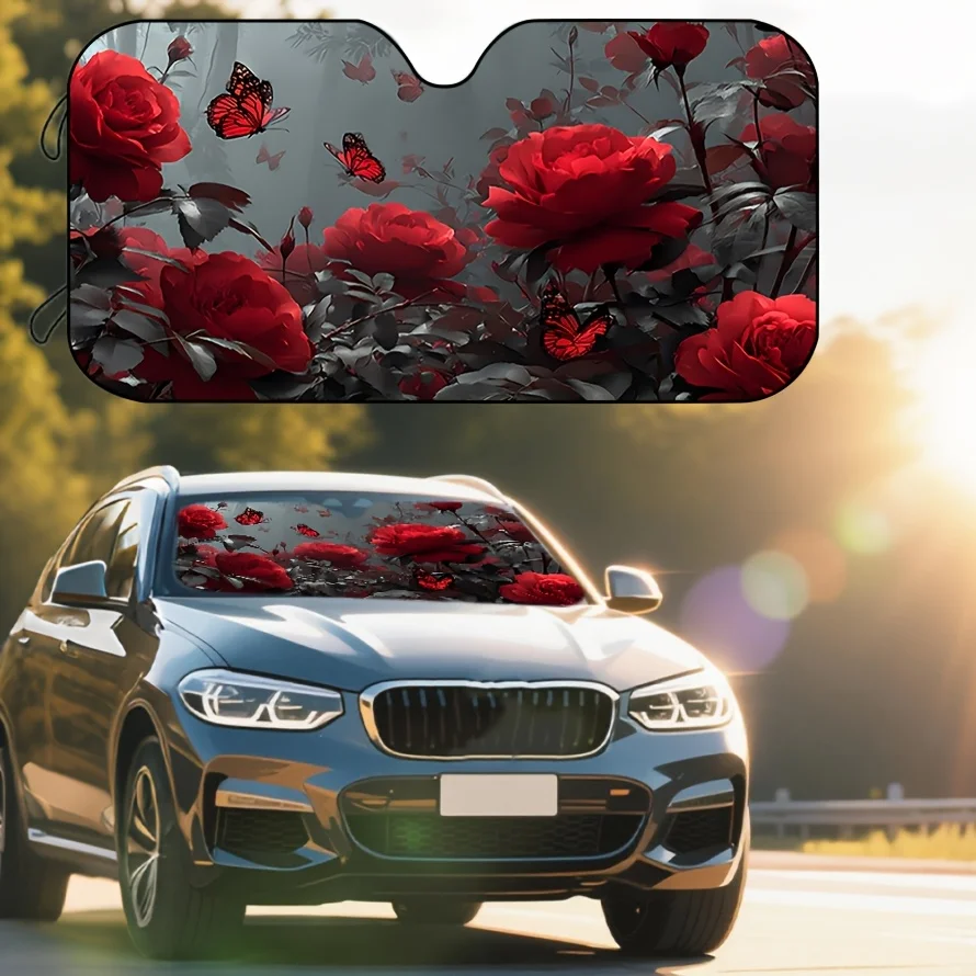 Dreamy Red Rose And Butterfly Pattern Car Sunshade, High Aesthetic Sun Protection And Insulation, Effectively Blocks UV Rays, Pr