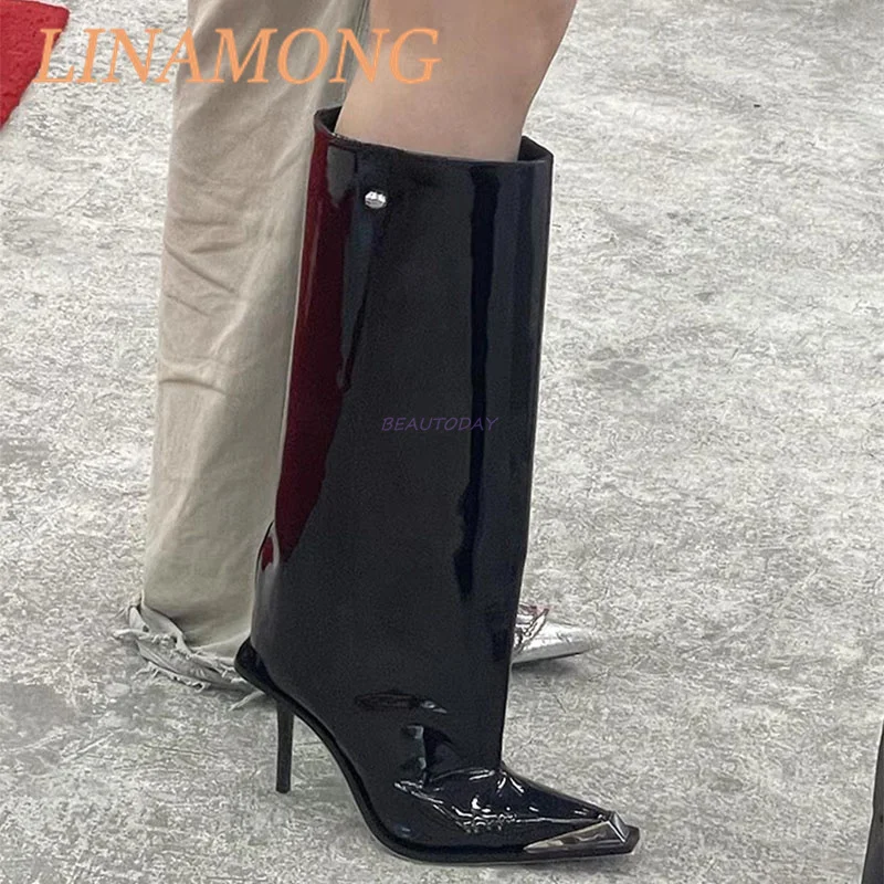 Metal Pointed Loose Fitting Straight Leg Boots Fashionable One Foot Kick Slim High Heels Long Leg Boots Black Knight Boots