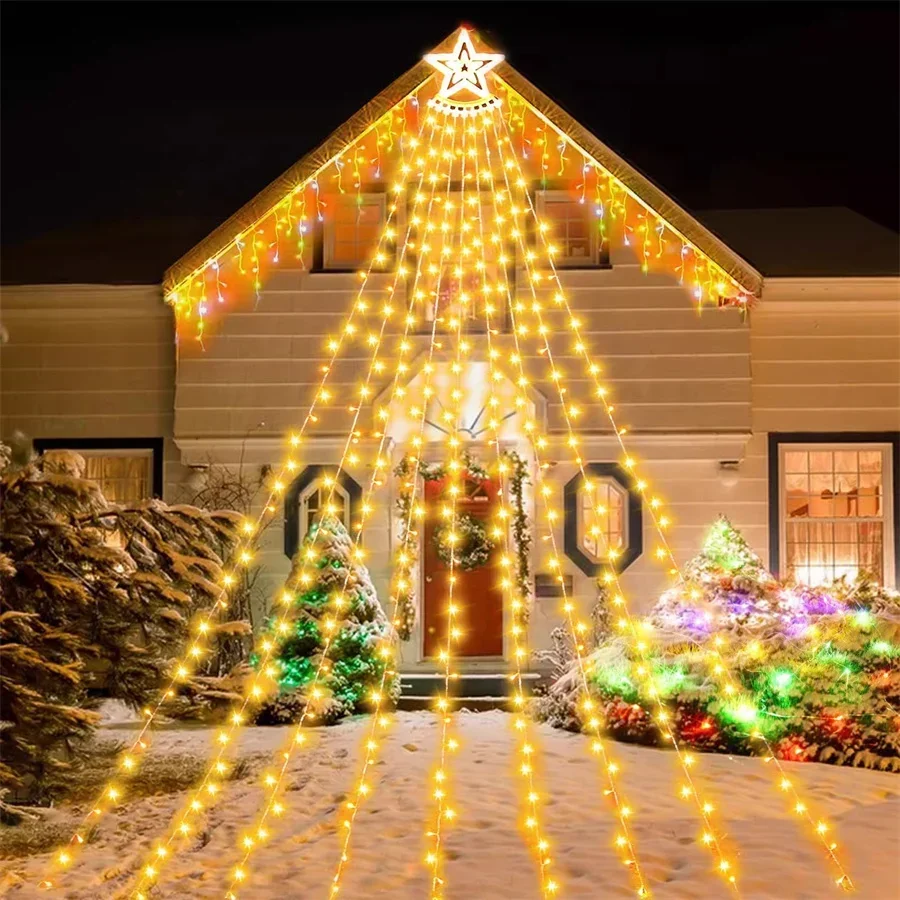 Guirxiété lumineuse de Noël en plein air, décorations de Noël, lumières de sapin avec dessus, étoile, étanche, enfichable, cascade, 3.5m, 350 LED