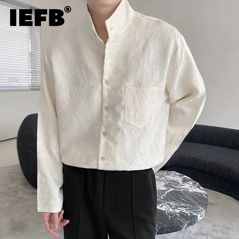 IEFB Niche Design New Men\'s Shirts Jacquard Stand Collar Casual Clothing Long Sleeve Single Breasted Male Loose Tops Chic 9C6464