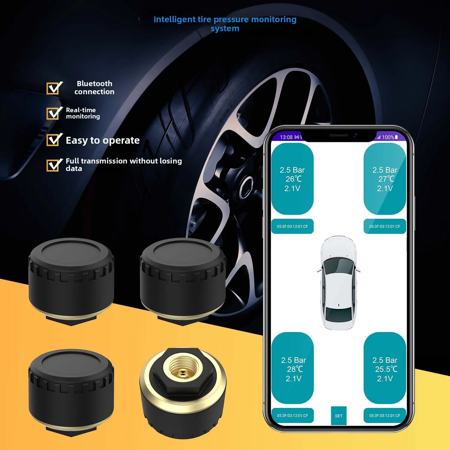 

Car Motorcycle Tire Pressure Monitoring System Waterproof Tire Pressure Temperature Sensor Smart Bluetooth 5.0 For Android IOS