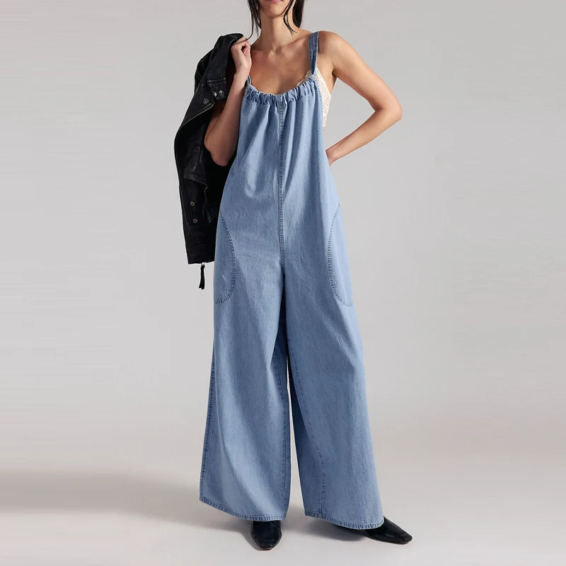 Wide Leg Pant Casual Pocket Playsuits Off Shoulder Sexy Spaghetti Straps Jumpsuit Elegant Sleeveless Backless Loose Party Romper