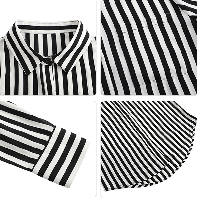 Black Patchwork White Striped Print Chiffon Blouse Women 2024 Spring Long Sleeve Work OL Wear Shirt Top Clothes