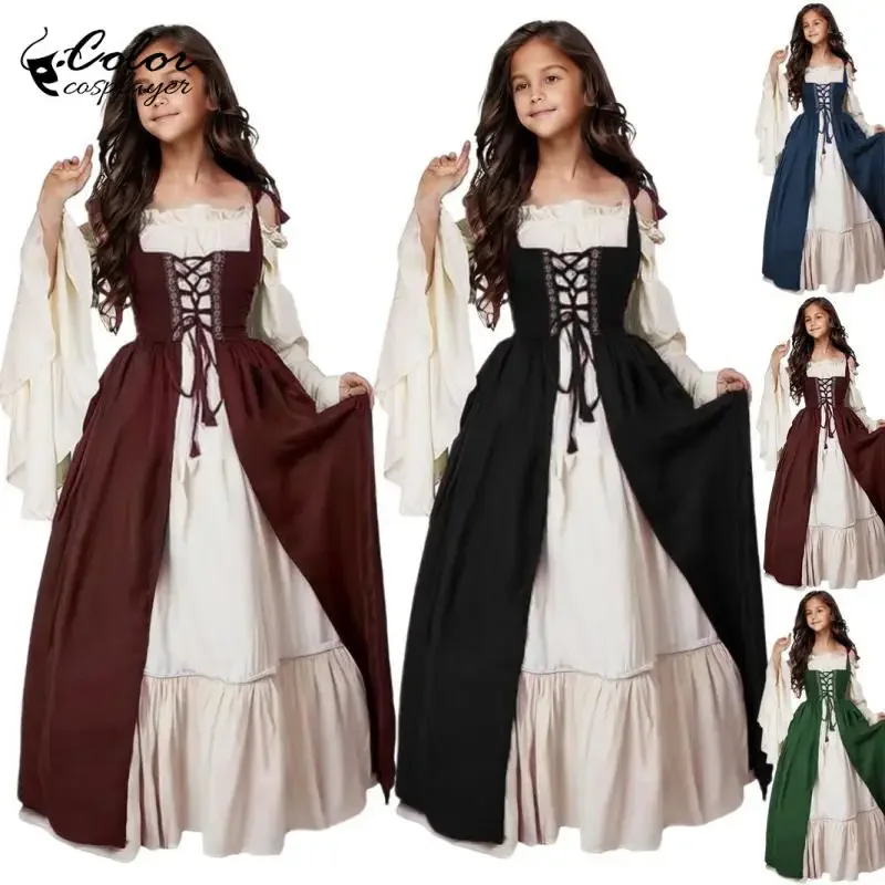 

Girl Medieval Gown Dresses Cosplay Costumes Festival Party Dresses Middle Ages Outfit Elegant Girl Long Dress Kid Clothes