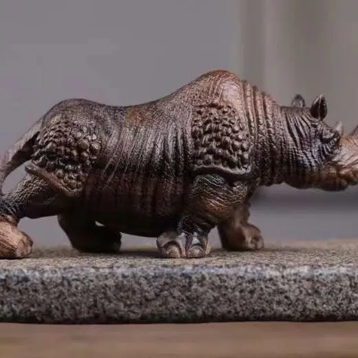 Hand Carved Wood Animal: rhino Statue Figurine Desktop Ornaments Home Decoration