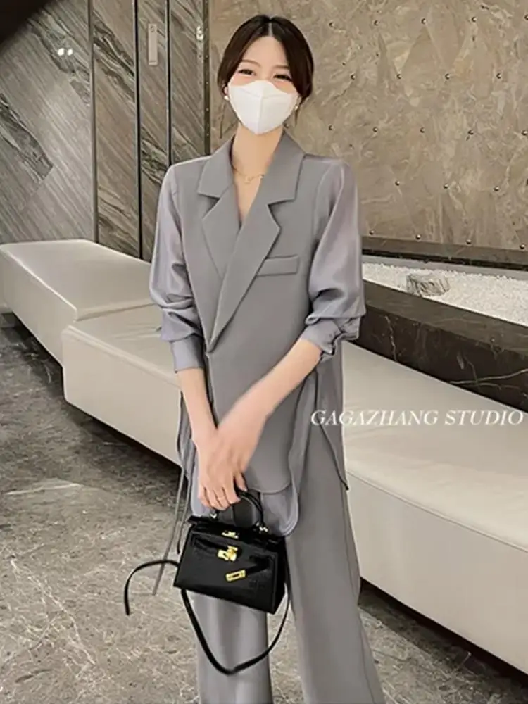 Blazer à lacets en dentelle creuse pour femme, pantalon large, ensemble 2 pièces élégant, tenues décontractées de bureau, printemps