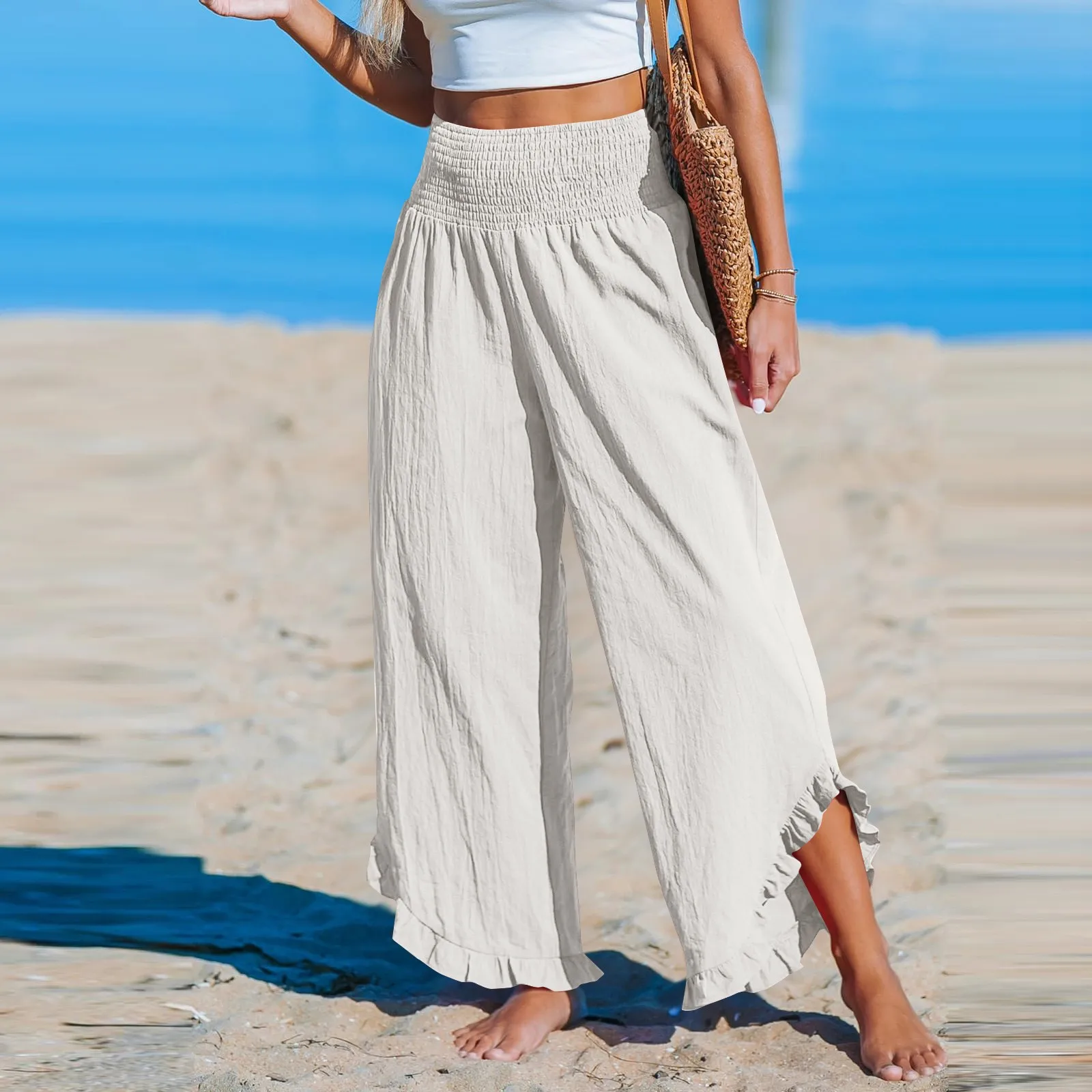 Women Boho Wide Leg Pants Cross Design Elastic High Waist Yoga Pants High Split Beach Wide Leg Pants Hippie Beach Casual Pants