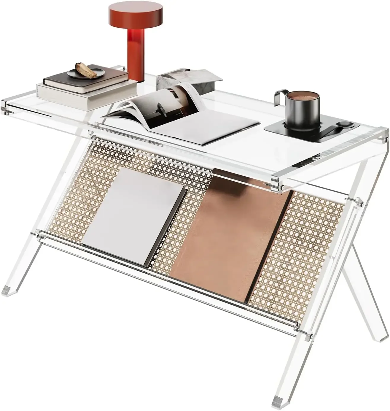 Acrylic Coffee Table for Living Room, Clear Unique Rattan Center Table, Rectangle Tea Table for Bedroom Office Reception Room, 3