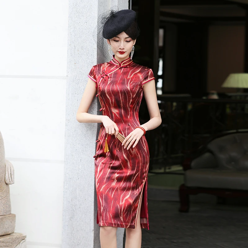 Qipao corto de seda Real para mujer, vestido chino de talla grande, rojo, Cheongsam, tradicional, Sexy, Oriental