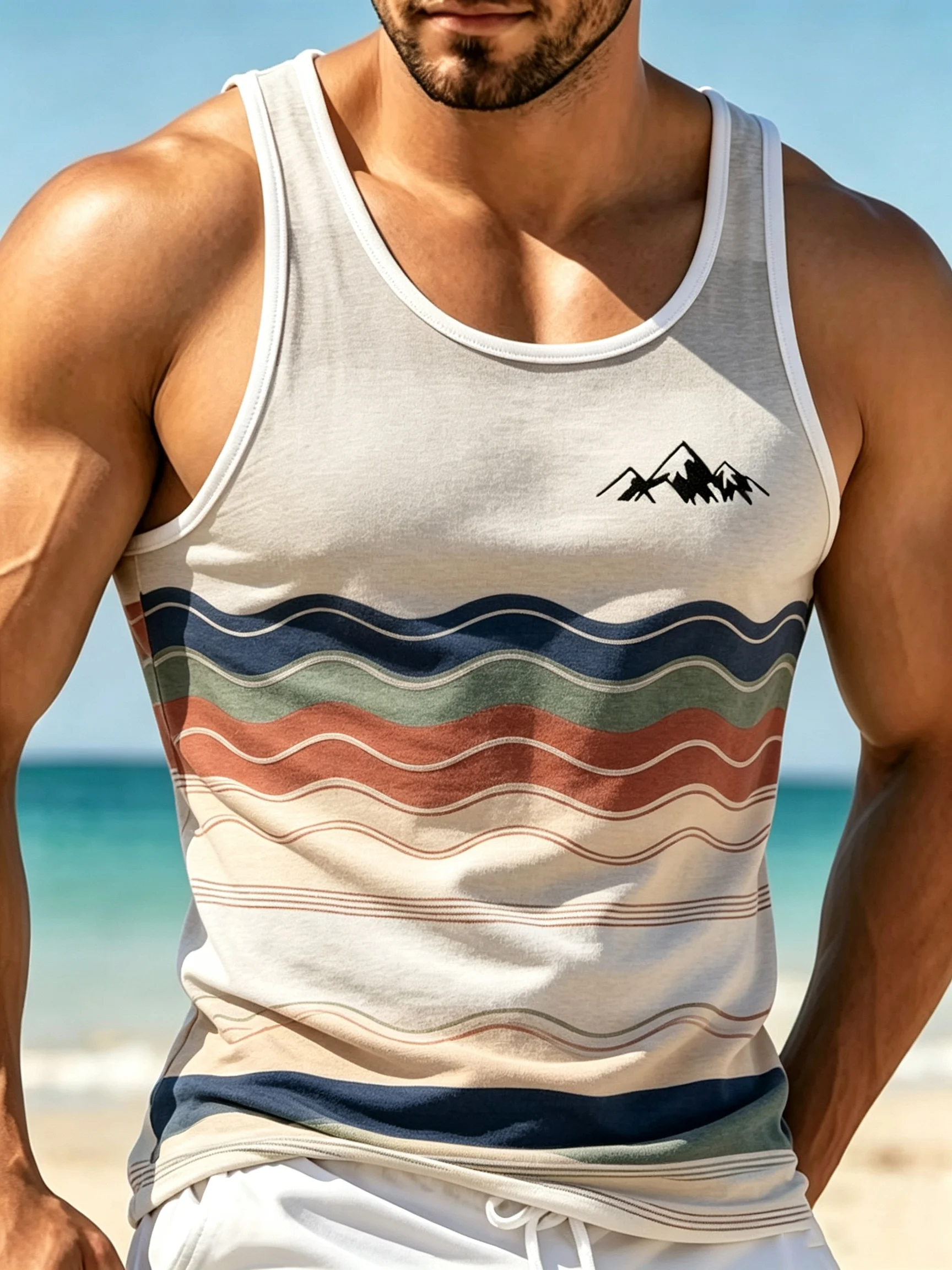New Men's Fashionable Striped Printed Vest, Summer Sleeveless Casual Sportswear, Round Neck Breathable Men's T-Shirt, Short Slee