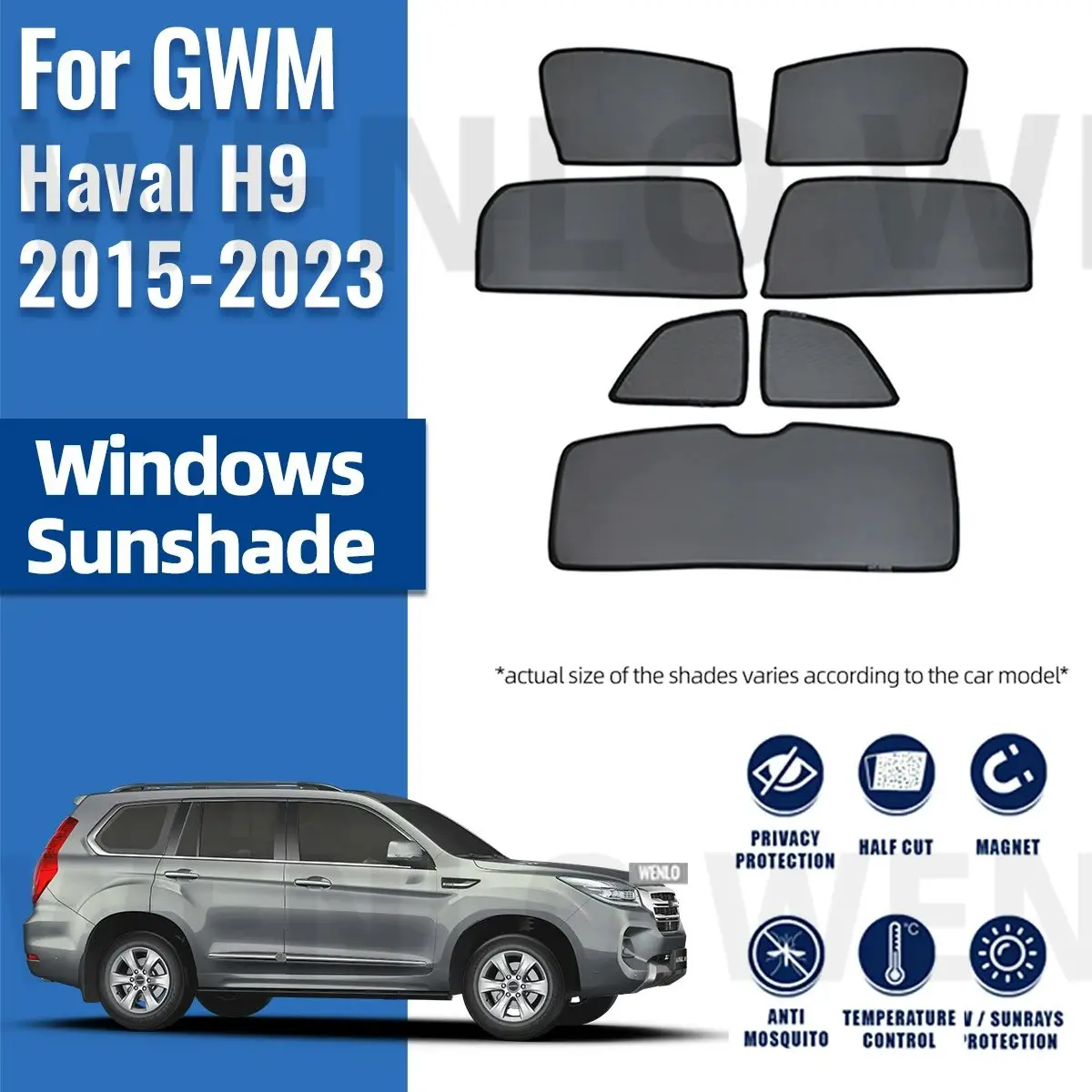 

For GWM Haval H9 2015-2020 2021 2022 2023 Magnetic Car Sunshade Front Windshield Mesh Curtain Rear Side Window Sun Shade